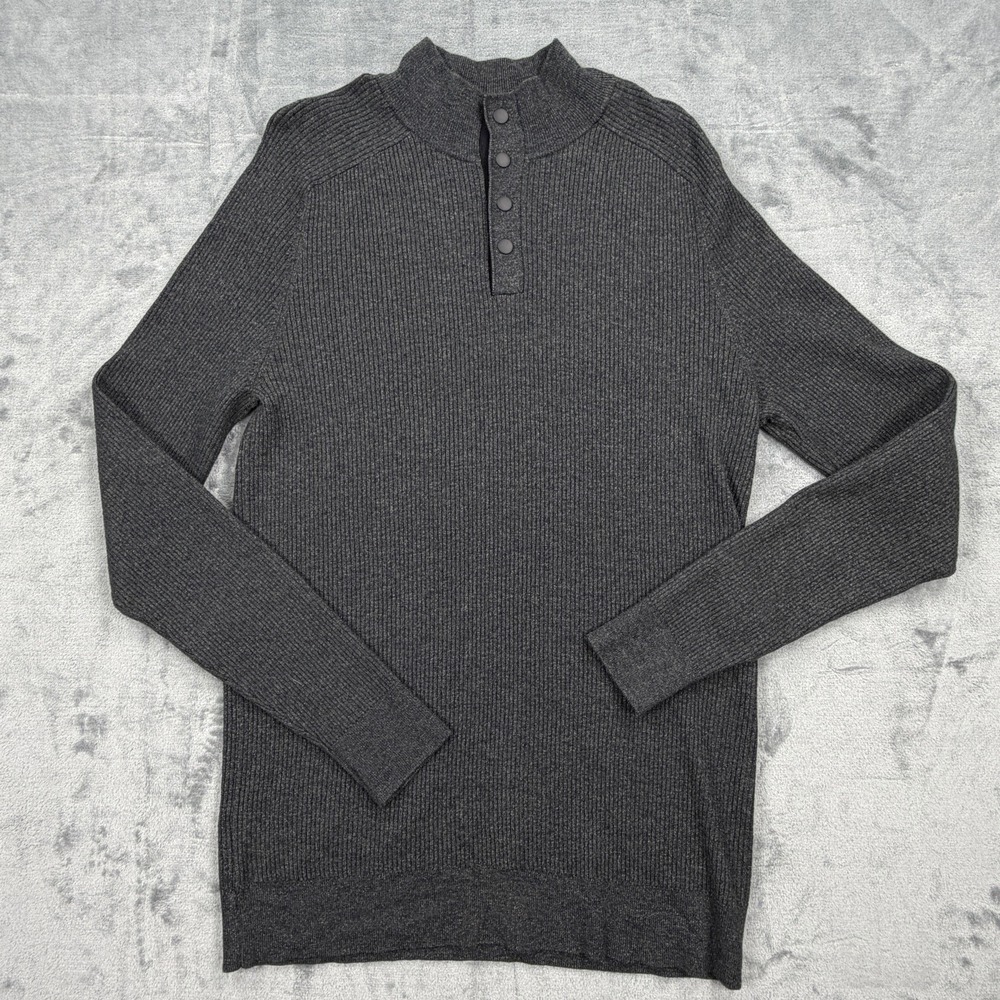 Express Mens Medium Ribbed Knit Henley Sweater Charcoal Snap Button Casual
